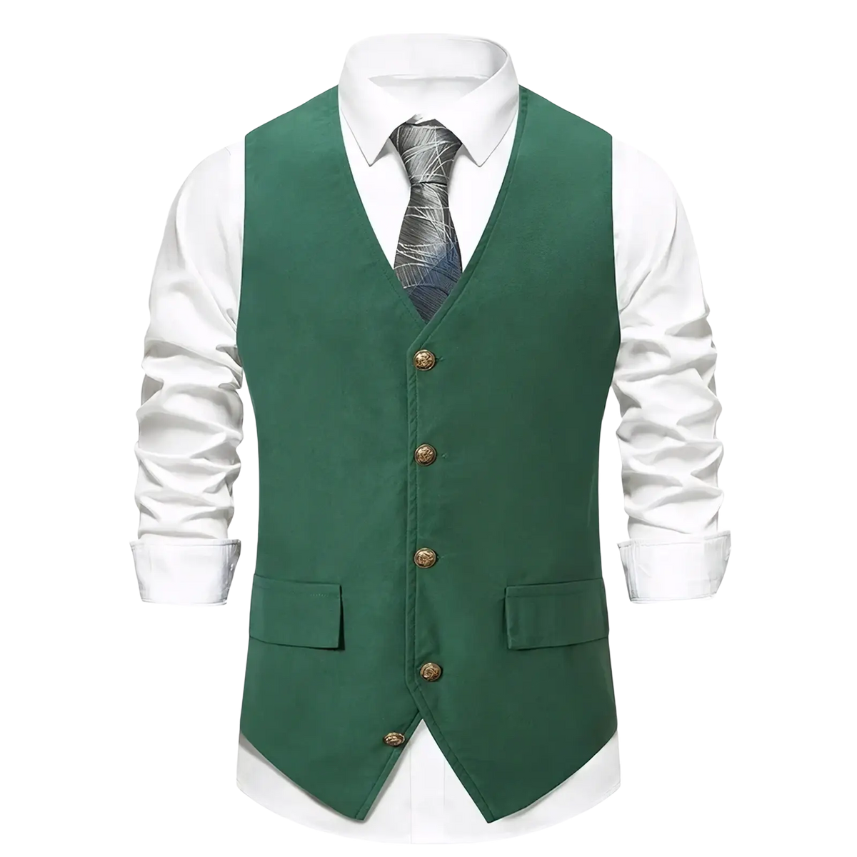 Mens slim fit suit vest formal business waistcoat in sleek dark green with gold toned buttons and two front pockets