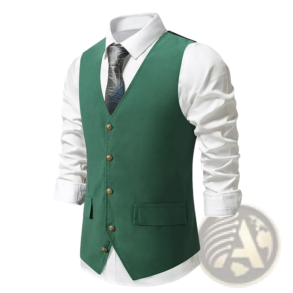 Mens slim fit suit vest in emerald green with gold-toned buttons and front pockets for formal business wear