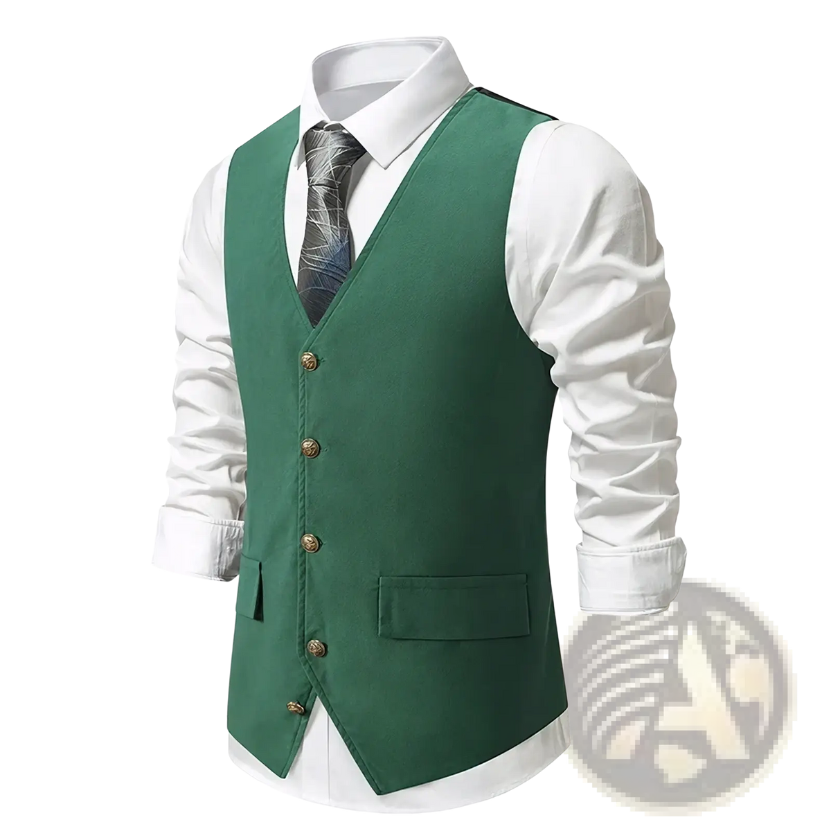 Mens slim fit suit vest in emerald green with gold-toned buttons and front pockets for formal business wear