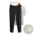 Mens slim fit tailored suit pants in black with a sleek straight-leg cut and subtle pleats at the waist
