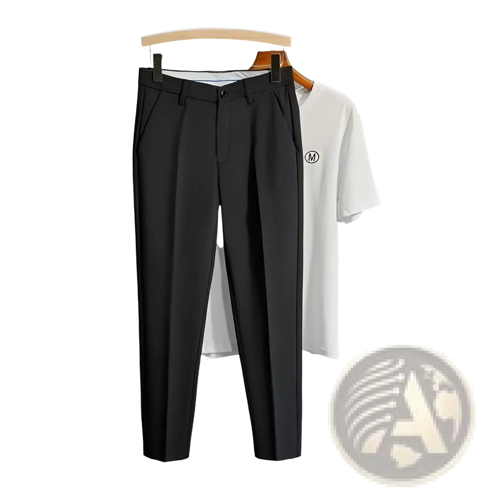 Mens slim fit tailored suit pants in black with a sleek straight-leg cut and subtle pleats at the waist