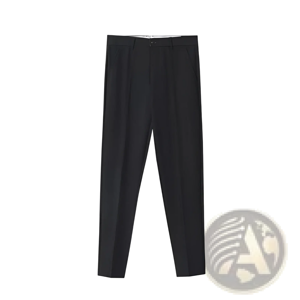 Mens slim fit tailored suit pants in black with a sleek straight-leg cut and subtle pleats at the waistband