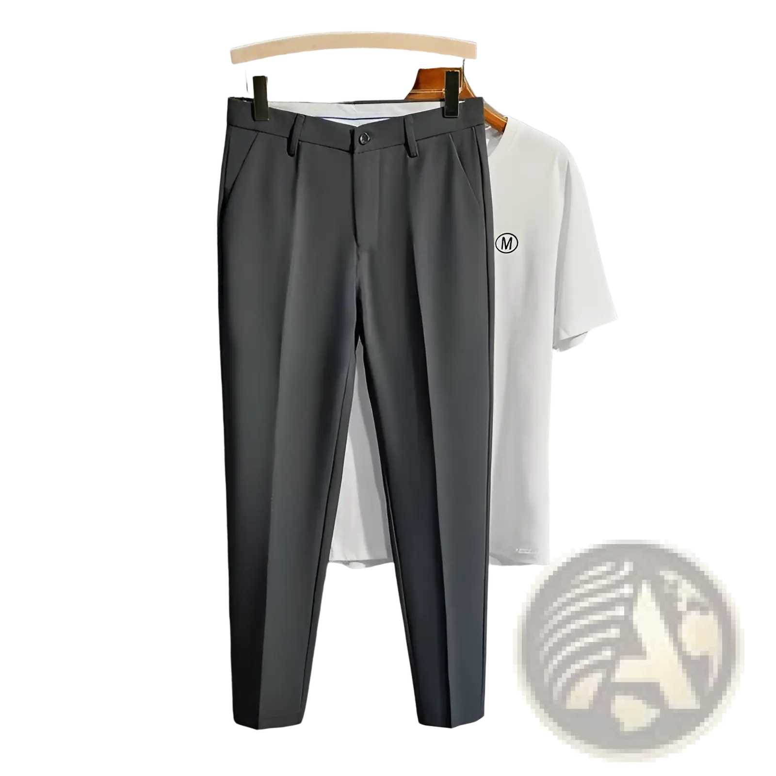 Mens slim fit tailored suit pants in dark gray with a sleek design and subtle pleats at the waist