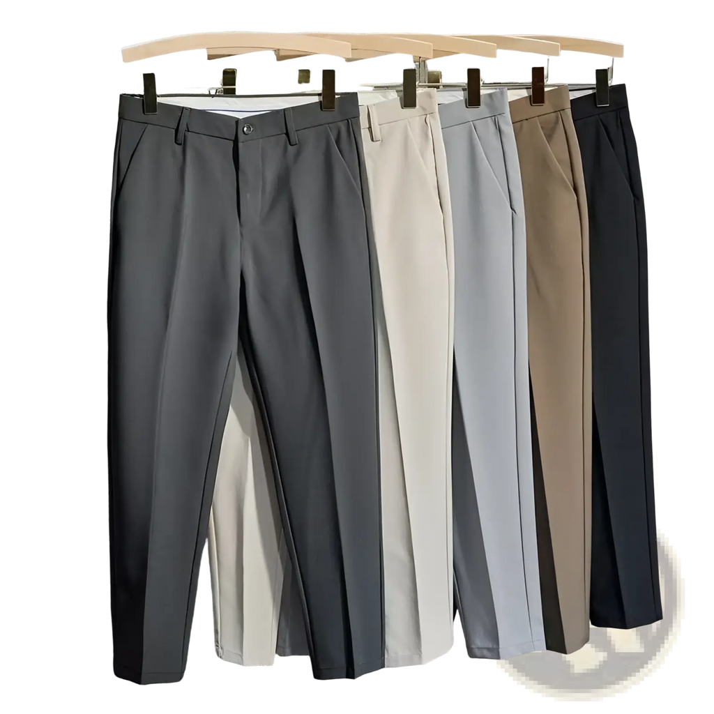 Mens slim fit tailored suit pants in charcoal gray beige light blue and black showcasing sleek modern design