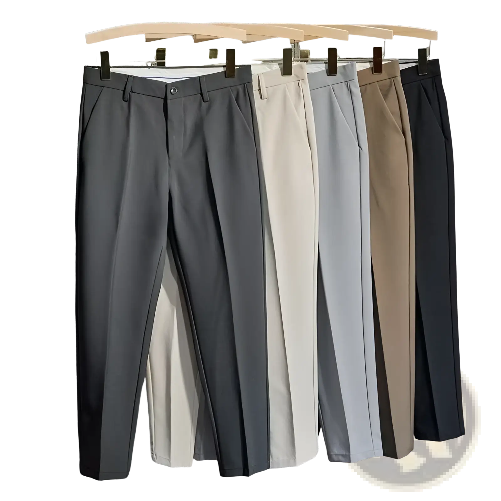 Mens slim fit tailored suit pants in charcoal gray beige light blue and black showcasing sleek modern design