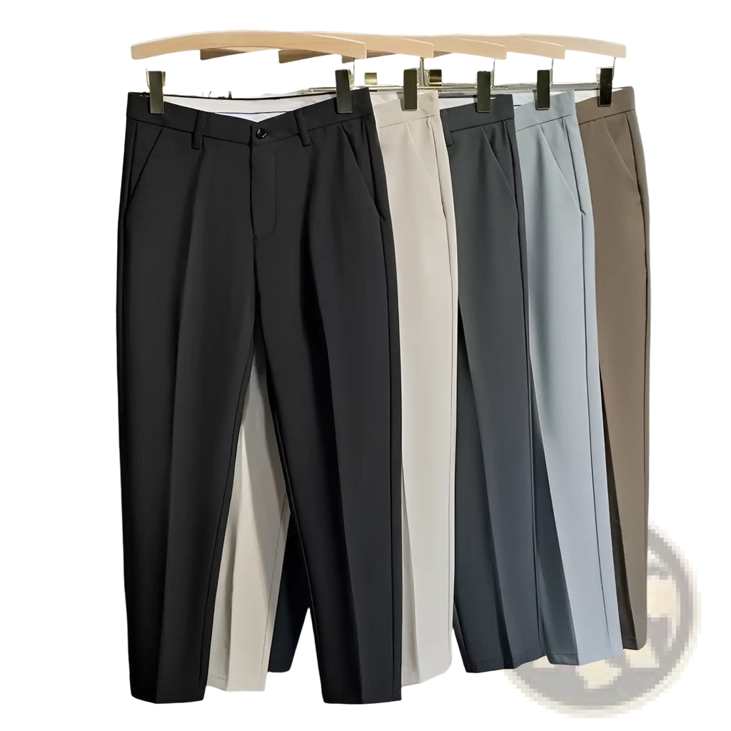 Mens slim fit tailored suit pants in black beige gray light blue and tan showcasing a sleek modern design