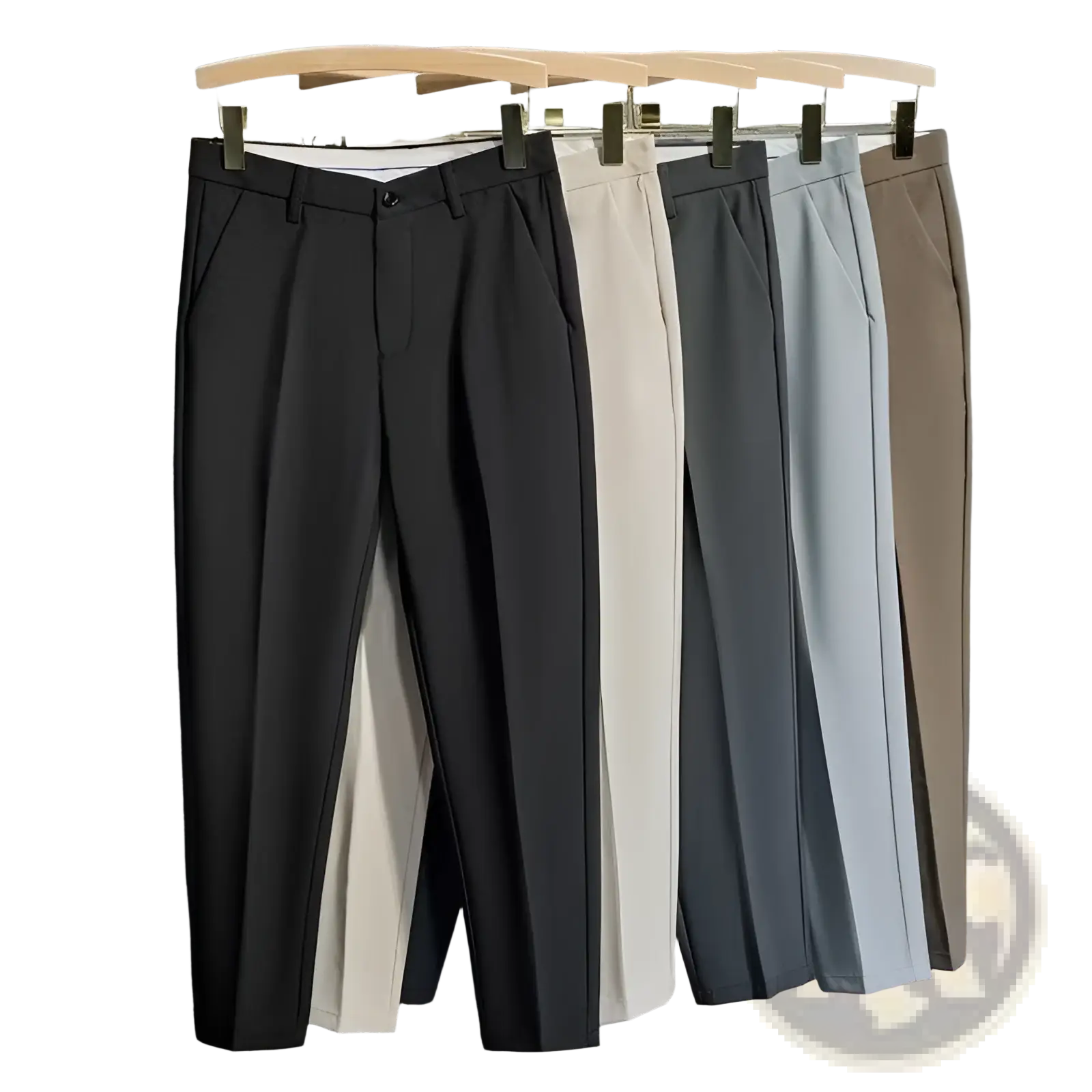 Mens slim fit tailored suit pants in black beige gray light blue and tan showcasing a sleek modern design