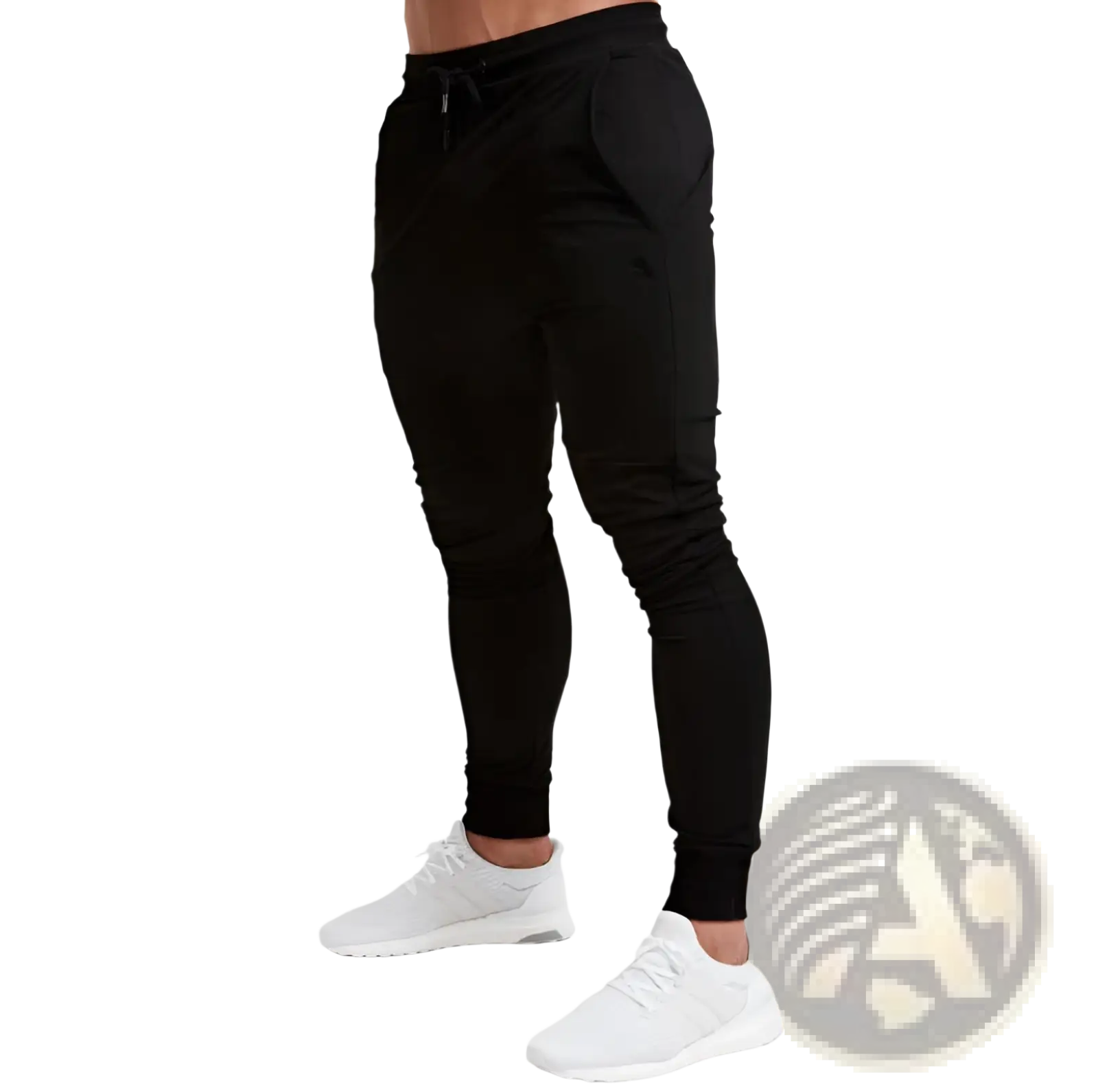 Men’s slim fit tapered black athletic joggers with drawstring waistband designed for activewear use