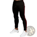 Men’s slim fit tapered athletic joggers in black with bold red side stripe and drawstring waistband for active wear