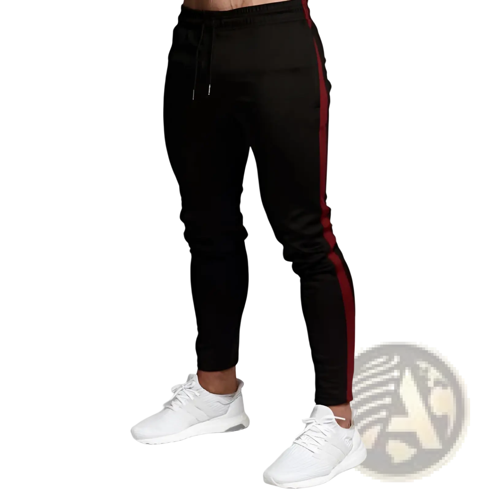 Men’s slim fit tapered athletic joggers in black with bold red side stripe and drawstring waistband for active wear