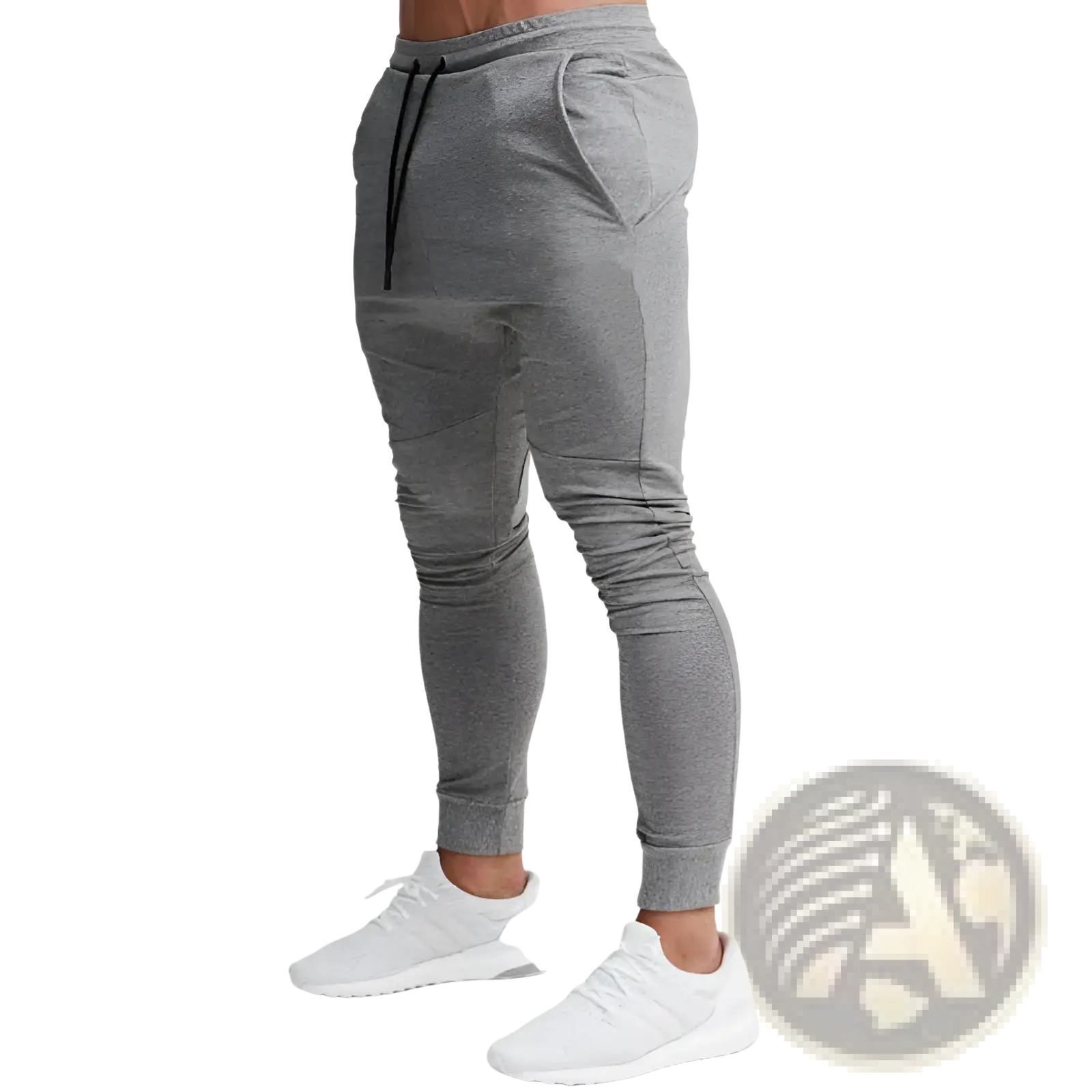 Men’s slim fit tapered gray athletic joggers with black drawstrings designed for active and casual wear