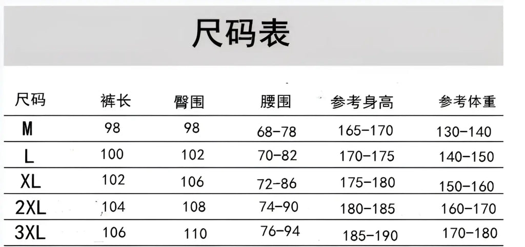 Size chart for men’s slim fit tapered athletic joggers showing centimeter measurements and height weight ranges for m to 3xl