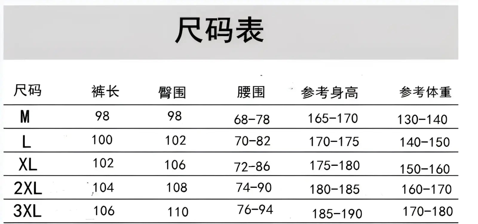 Size chart for men’s slim fit tapered athletic joggers showing centimeter measurements and height weight ranges for m to 3xl