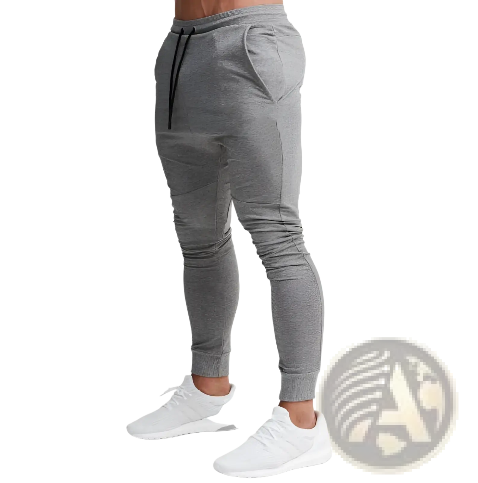 Men’s slim fit tapered athletic joggers in gray heathered fabric with black drawstring waistband and ribbed cuffs