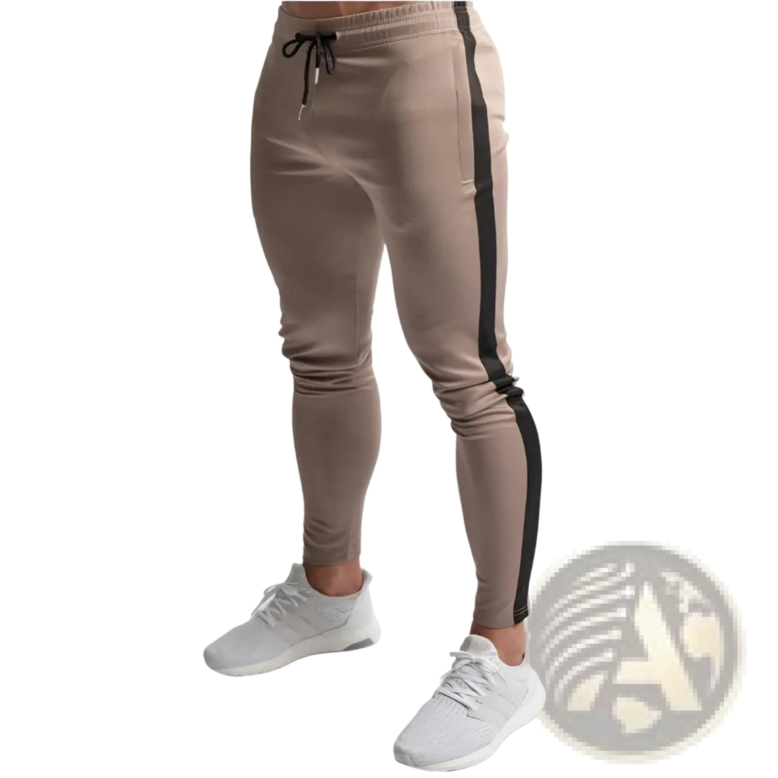 Men’s slim fit tapered athletic joggers in beige with black side stripes and a drawstring waistband for comfort