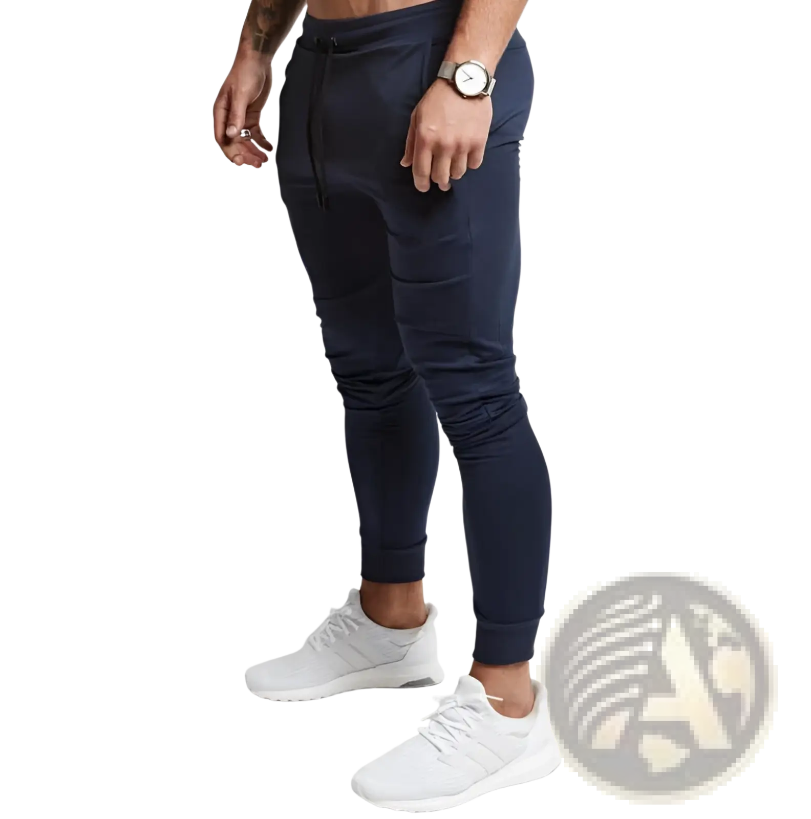 Navy blue slim fit tapered athletic joggers with elastic cuffs and drawstring waistband for men