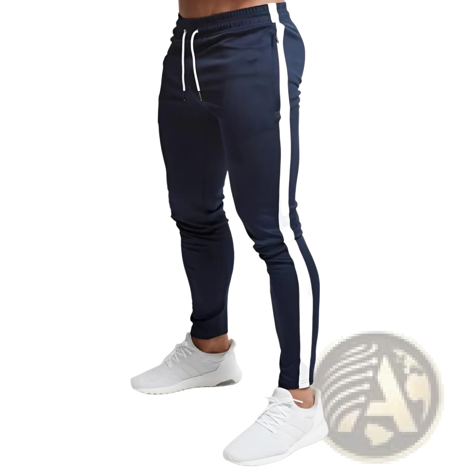 Men’s slim fit tapered navy blue athletic joggers with white vertical stripe and matching white drawstrings