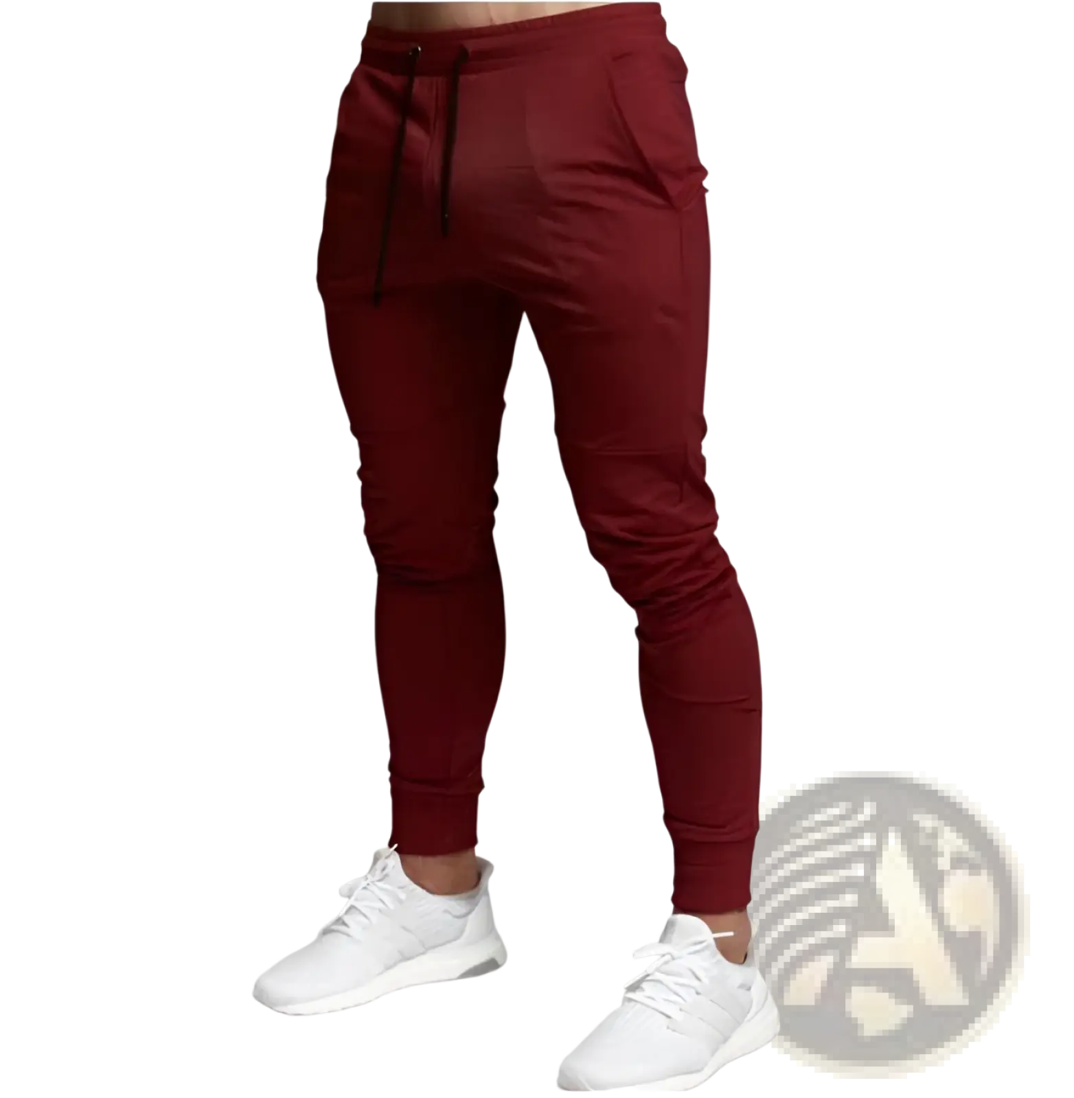 Men’s slim fit tapered athletic joggers in maroon with drawstring waistband designed for active wear
