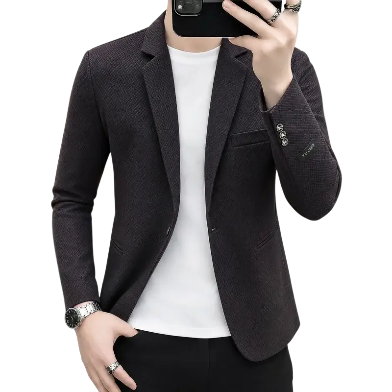 Men’s slim fit dark gray textured casual blazer with subtle pattern and three-button cuffs