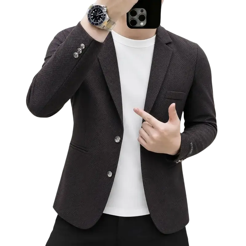 Men’s slim fit dark gray textured casual blazer with silver buttons and subtle pattern for stylish occasions