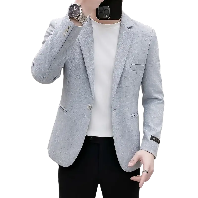 Men’s slim fit light gray textured casual blazer with subtle pattern and structured shoulders for stylish wear