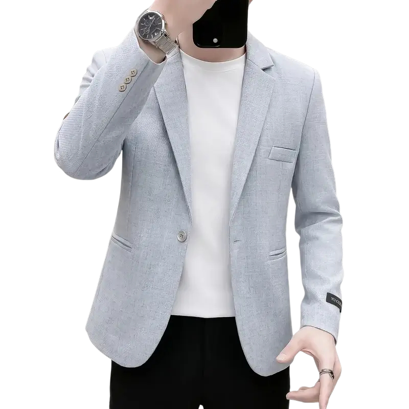Men’s slim fit casual blazer in light gray textured fabric with subtle pattern and structured shoulders