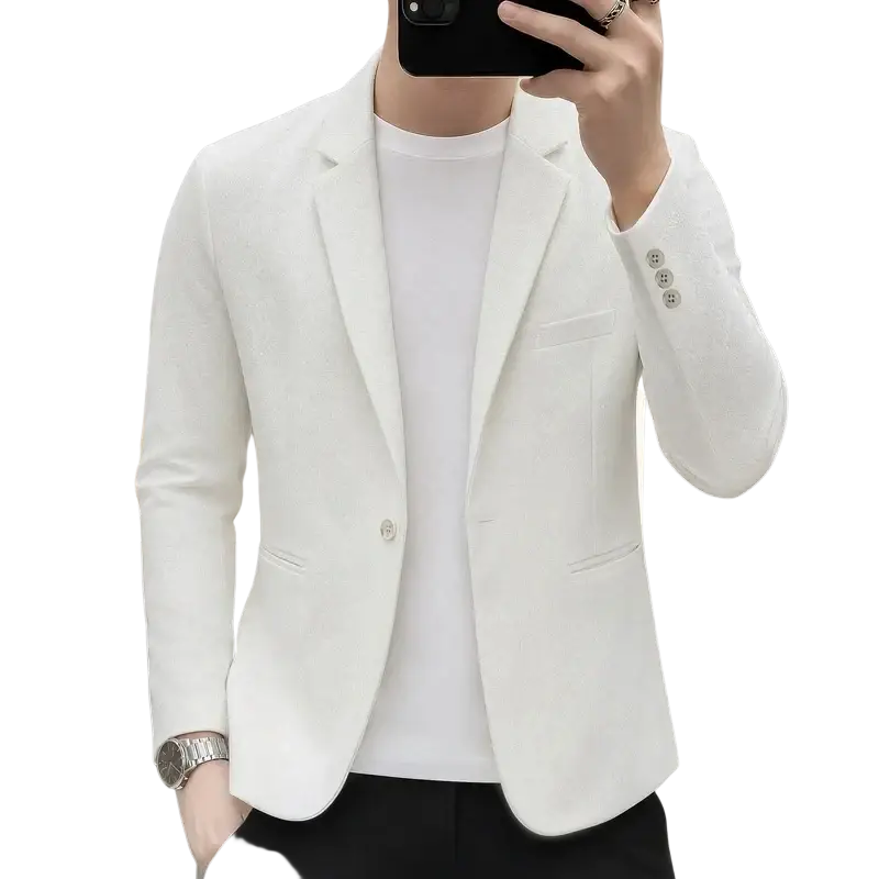 Men’s slim fit casual blazer in white with a sleek modern design and subtle textured fabric