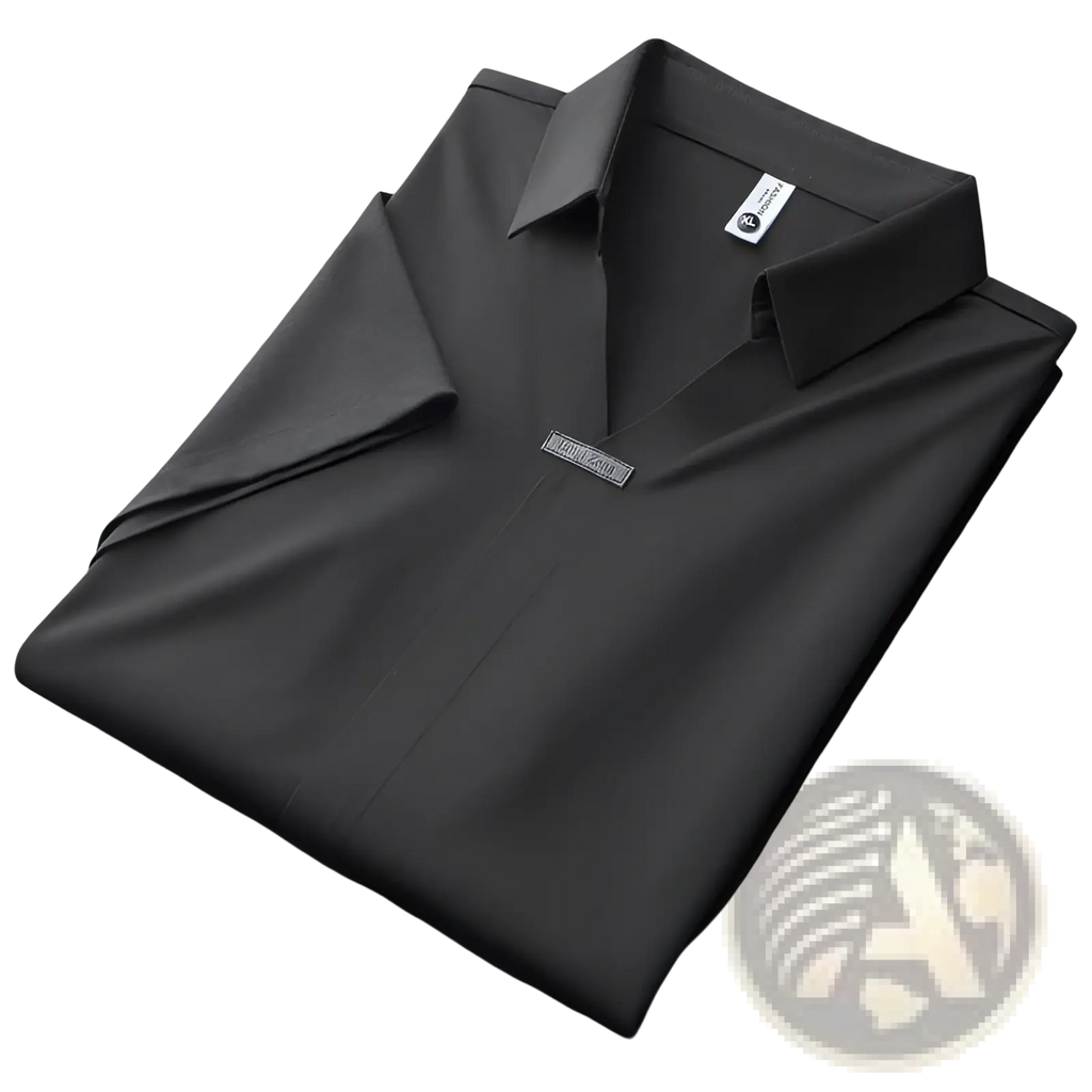 Men’s slim fit black textured cotton blend polo shirt with short sleeves and small rectangular chest label