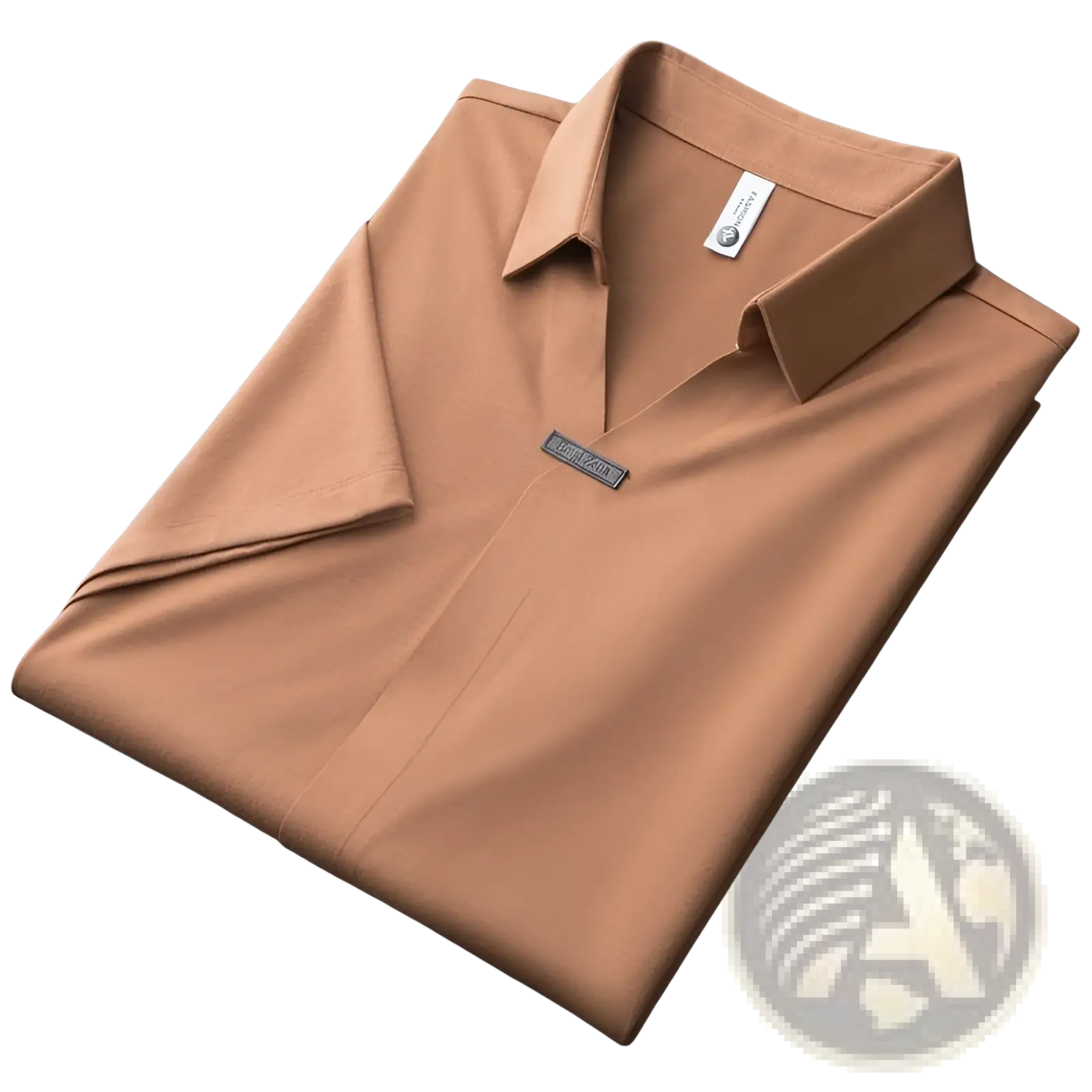 A neatly folded tan men’s slim fit textured cotton blend polo shirt with short sleeves and a chest label