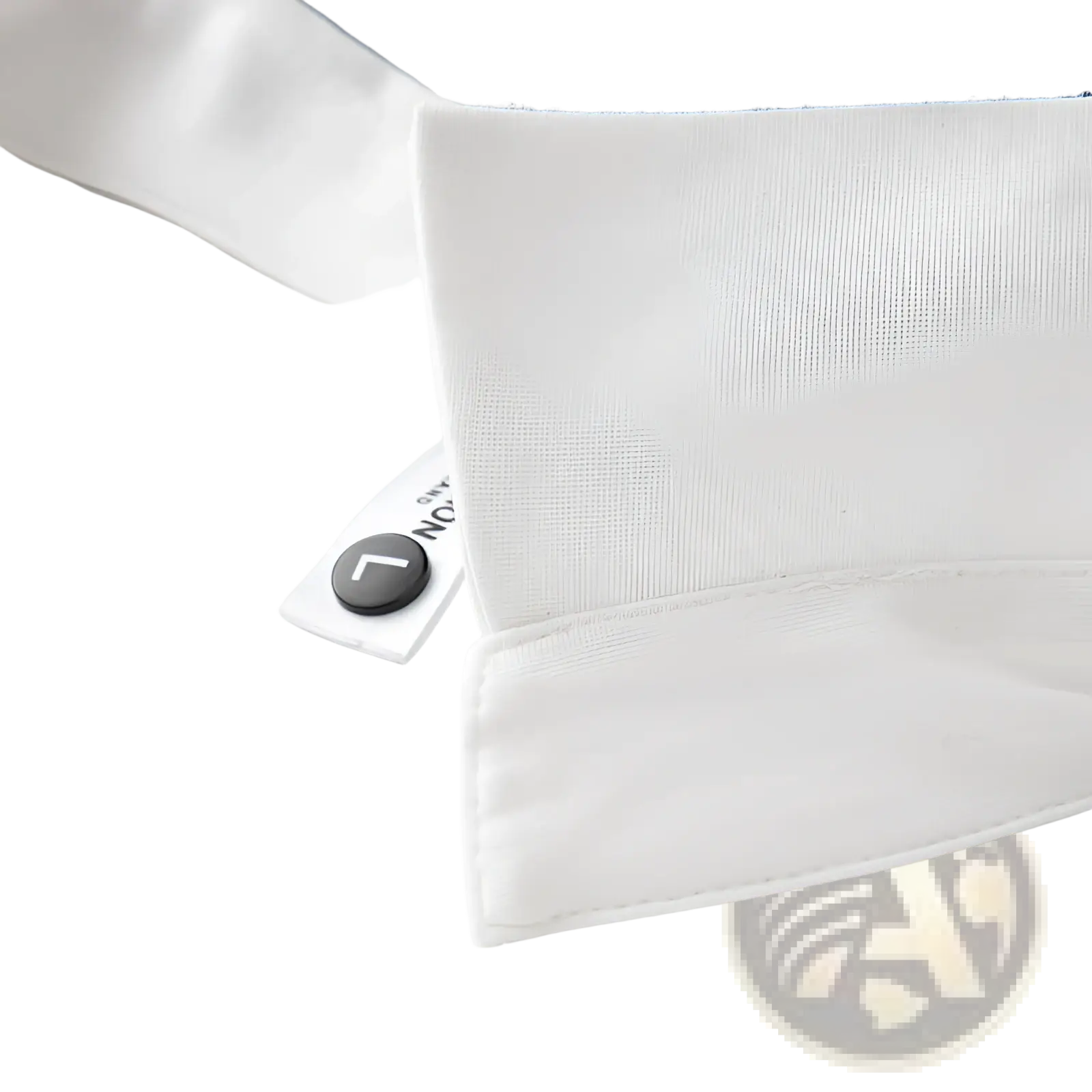 White cotton collar with black button on men’s slim fit textured cotton blend polo shirt close up view