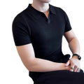 Black ribbed knit slim fit polo shirt with classic collar and short sleeves for summer wear