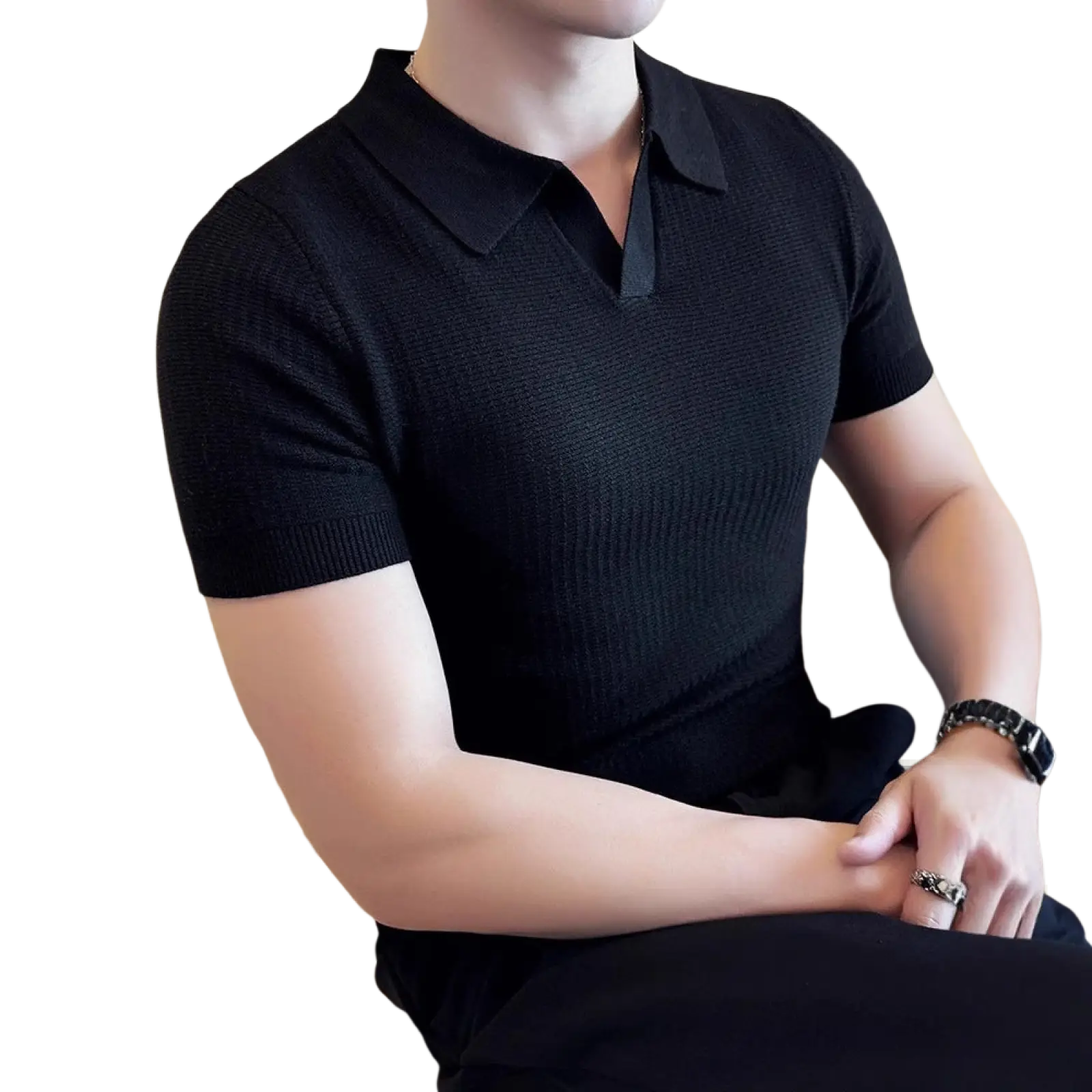 Black ribbed knit slim fit polo shirt with classic collar and short sleeves for summer wear
