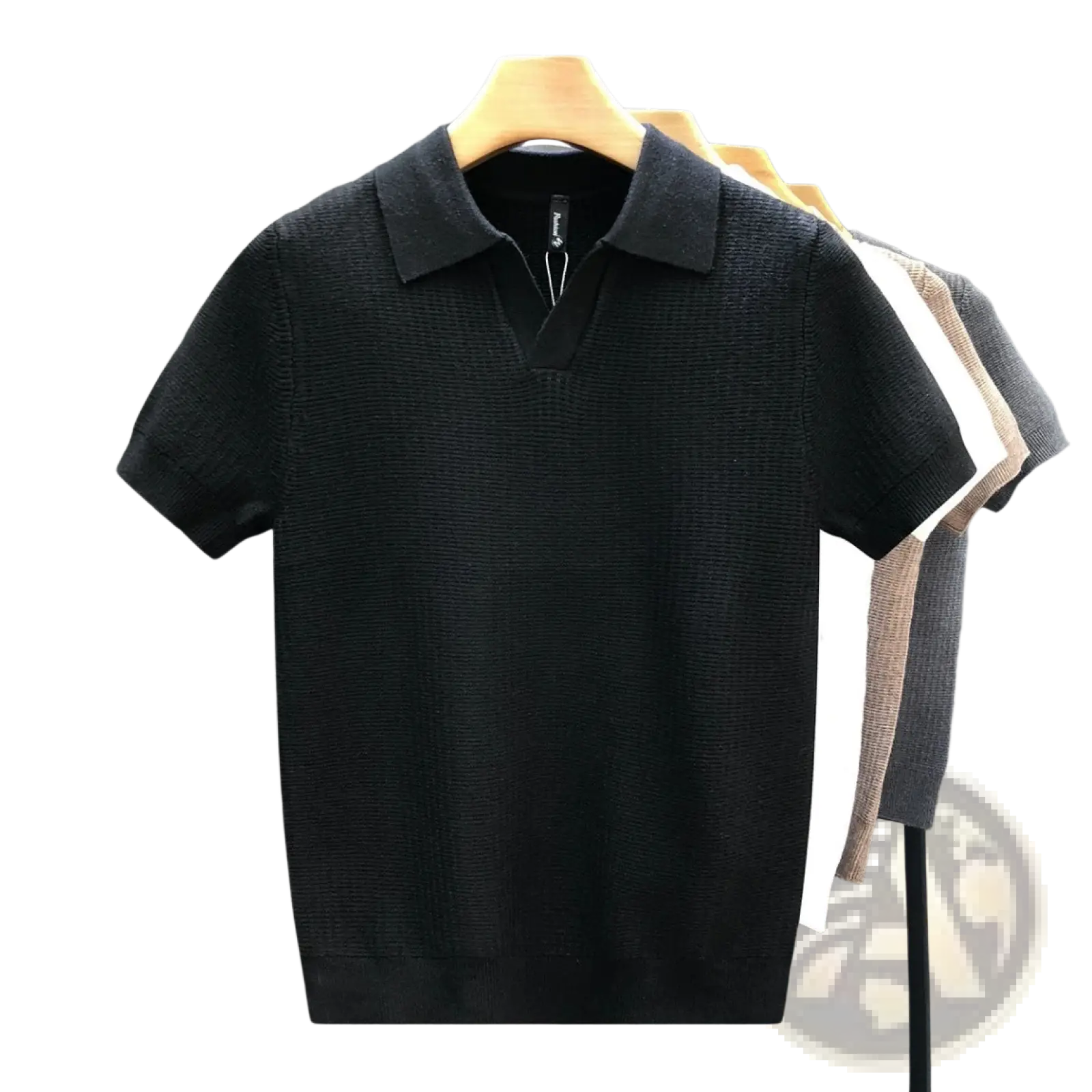 Men’s slim fit black textured knit polo shirt with classic collar and short sleeves for summer wear