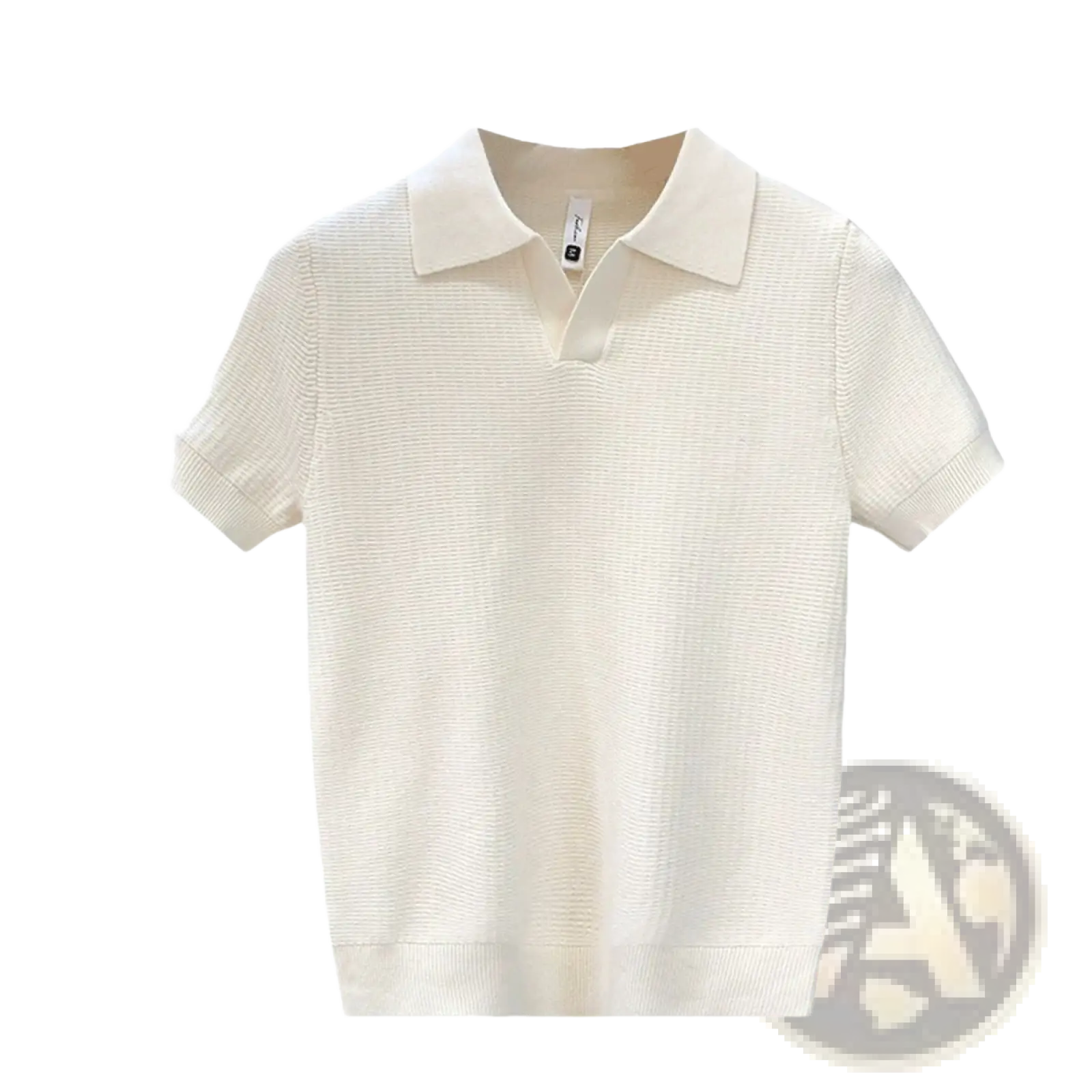 Men’s slim fit cream-colored short-sleeved knit polo shirt with ribbed texture and classic collar for summer wear
