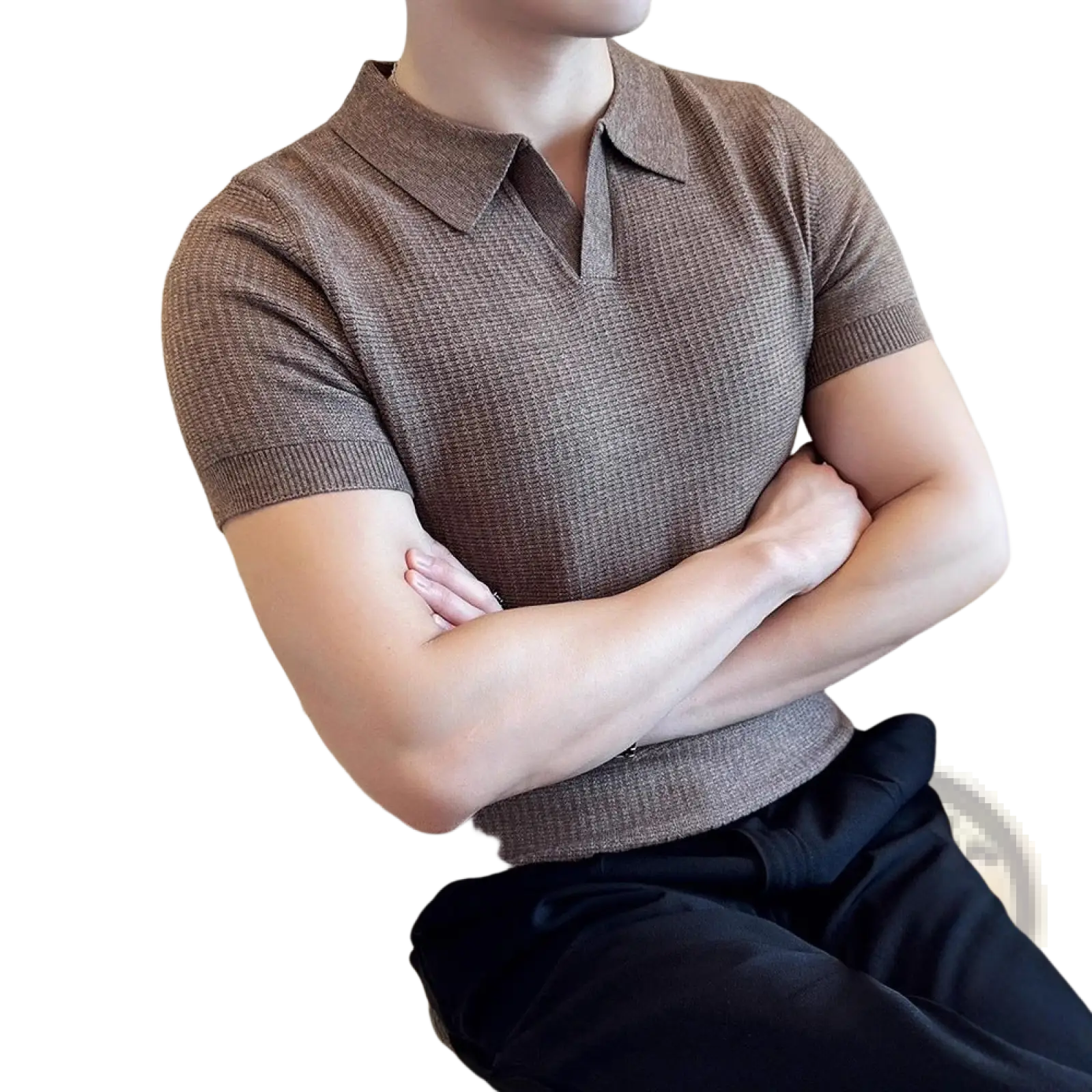 A textured brown slim fit short-sleeved knit polo shirt with classic collar and ribbed cuffs for men