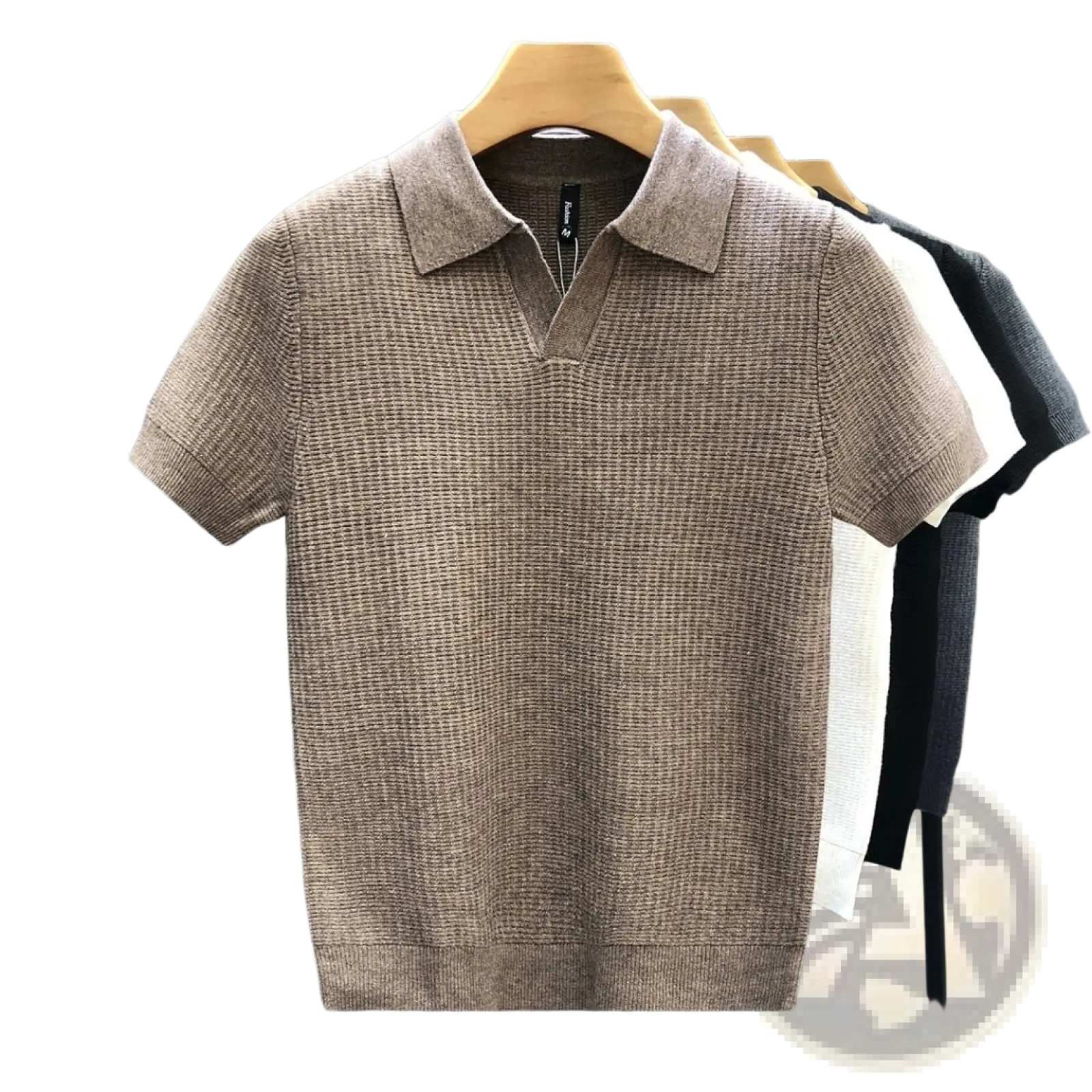 Men’s slim fit beige knitted polo shirt with textured pattern and ribbed cuffs ideal for summer wear