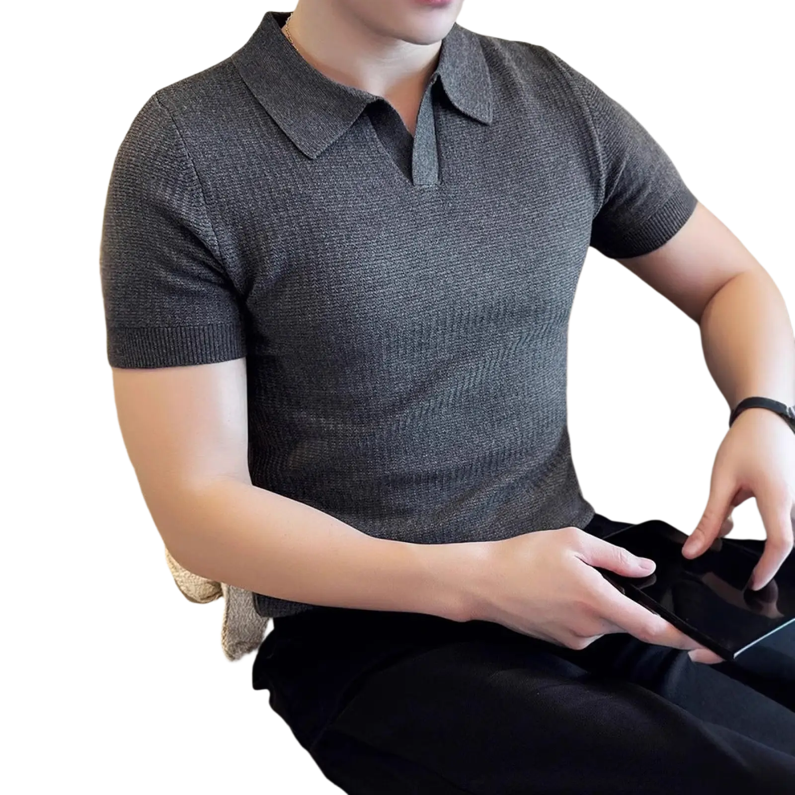 Men’s slim fit dark gray textured knit polo shirt with classic collar and short sleeves for summer wear
