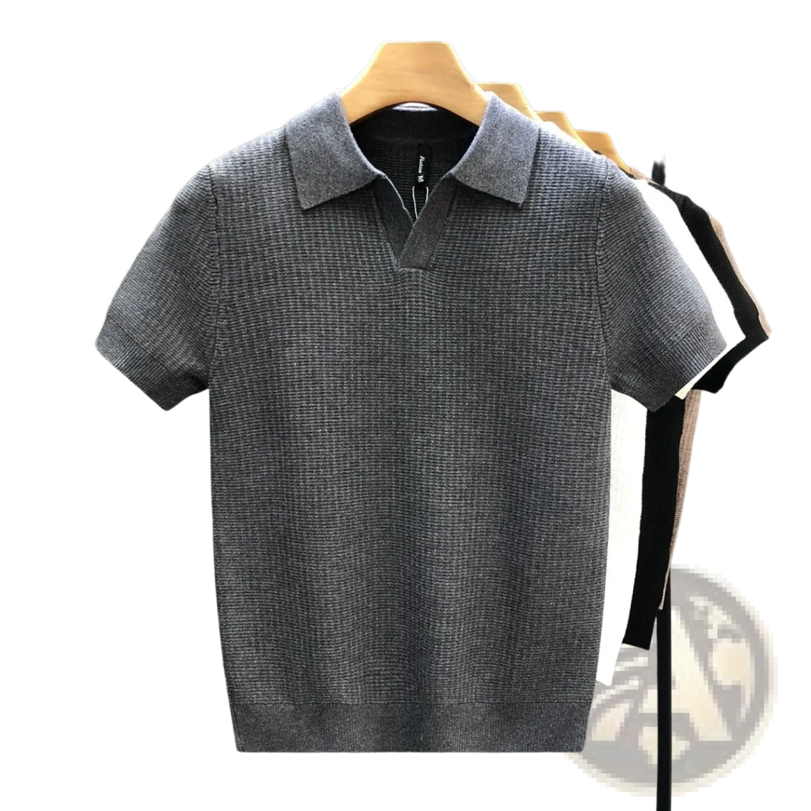 Men’s slim fit gray textured knit polo shirt with classic collar and short sleeves for summer wear