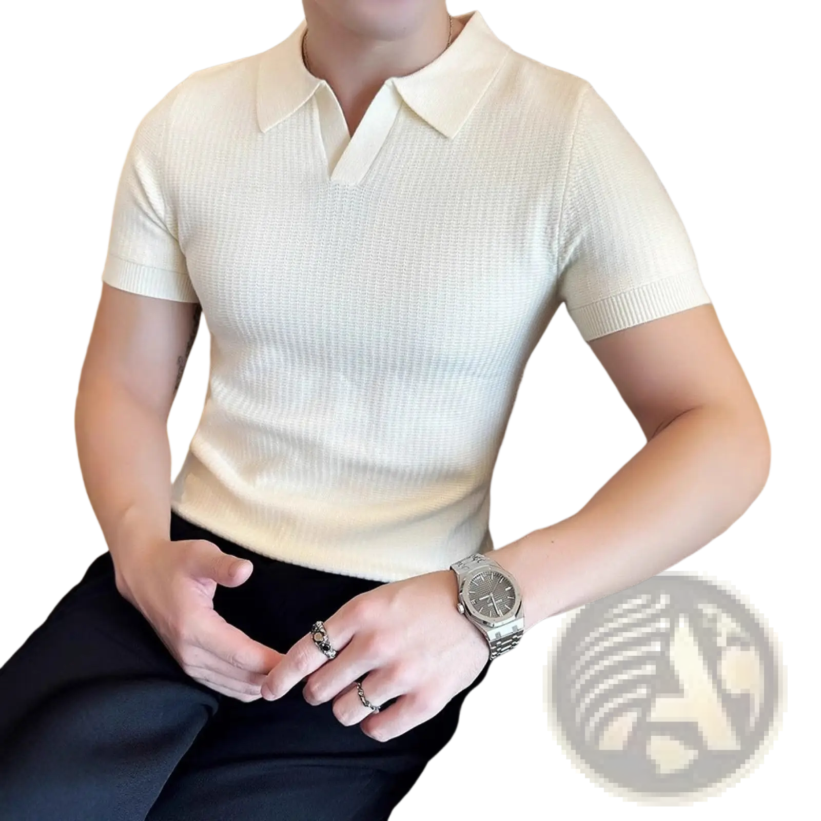 Men’s slim fit cream ribbed knit polo shirt with short sleeves and classic collar ideal for summer wear