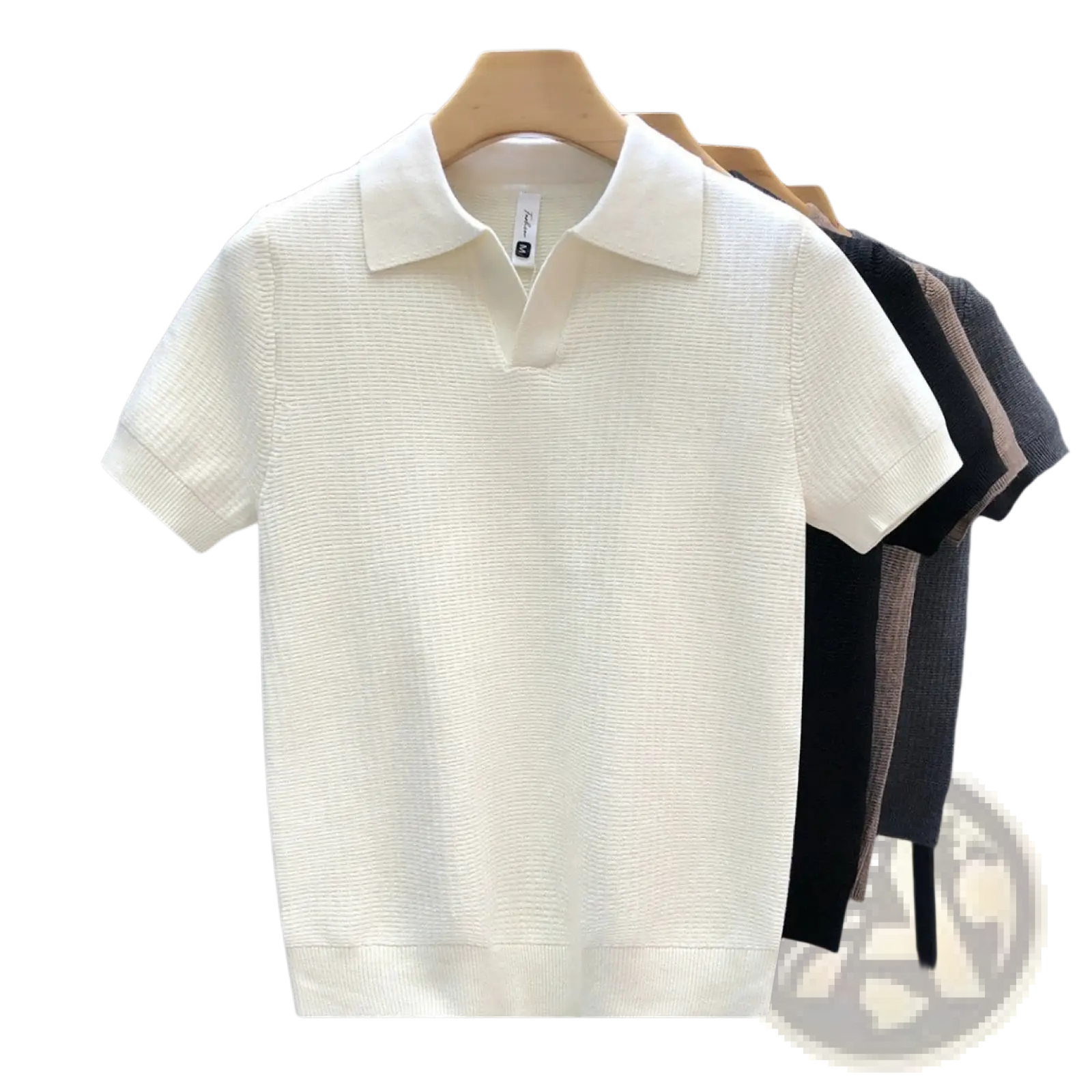 Men’s slim fit cream-colored short-sleeved knit polo shirt with textured ribbed pattern and classic collar for summer wear