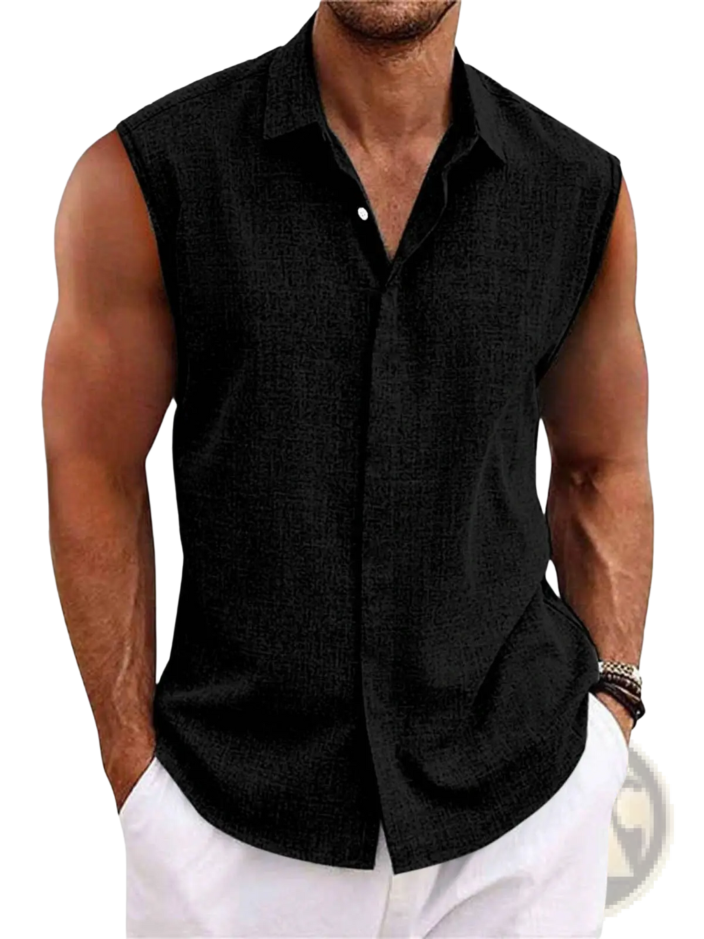 Men’s black slim fit sleeveless button-up shirt with subtle textured weave in linen blend ideal for beachwear