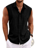 Men’s black slim fit sleeveless button-up shirt with subtle textured weave in linen blend ideal for beachwear