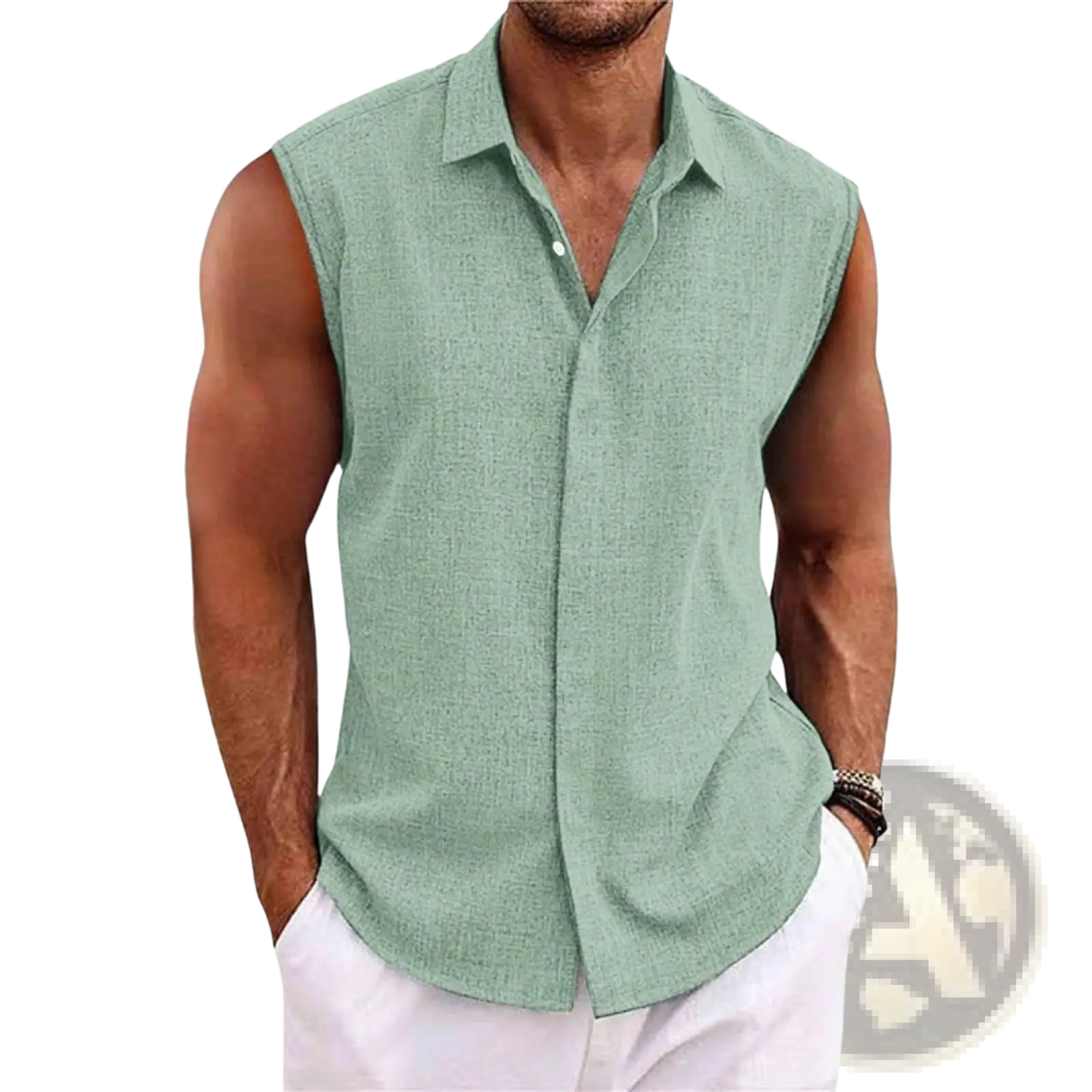 Men’s slim fit sleeveless linen blend beach shirt in light green with subtle textured weave and classic collar