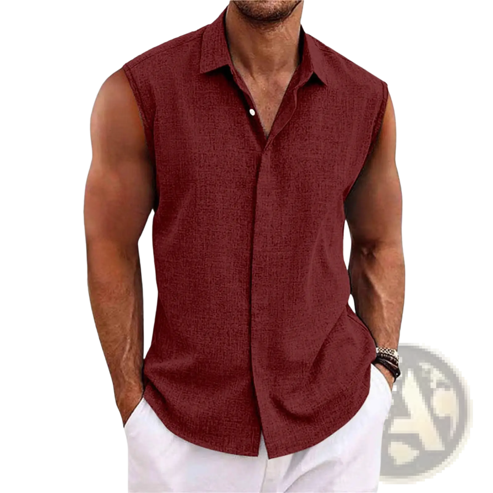 Men’s slim fit sleeveless button-up shirt in textured maroon linen blend fabric with classic collar and front placket