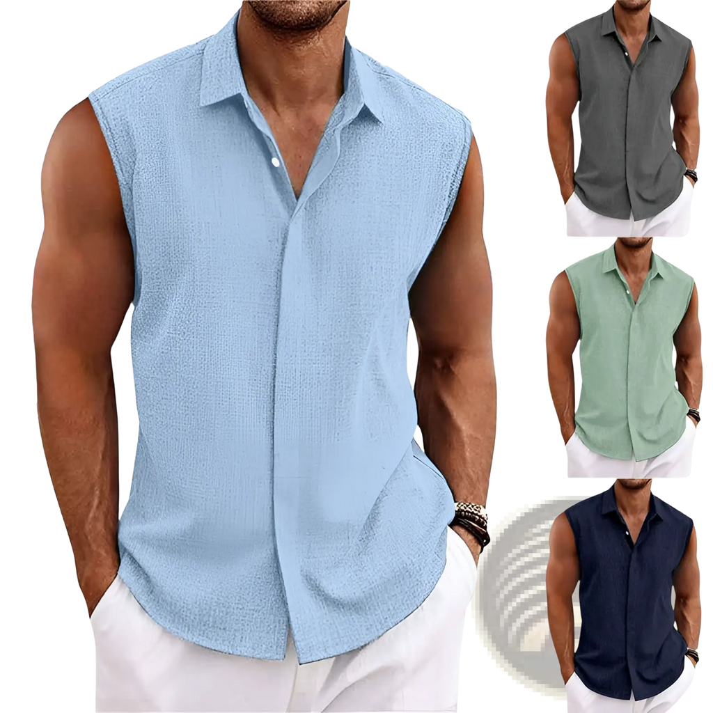 Men’s slim fit textured sleeveless light blue linen blend button-up shirt with classic collar for beachwear