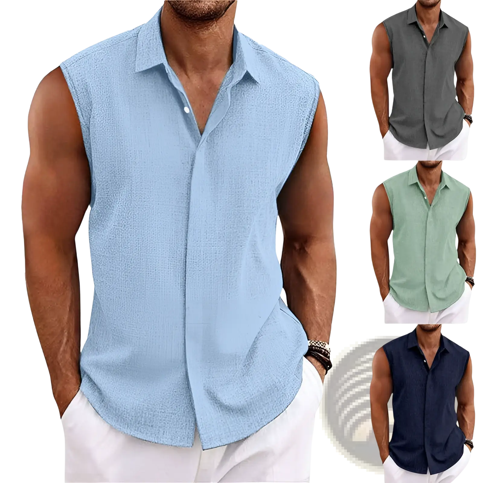 Men’s slim fit textured sleeveless light blue linen blend button-up shirt with classic collar for beachwear