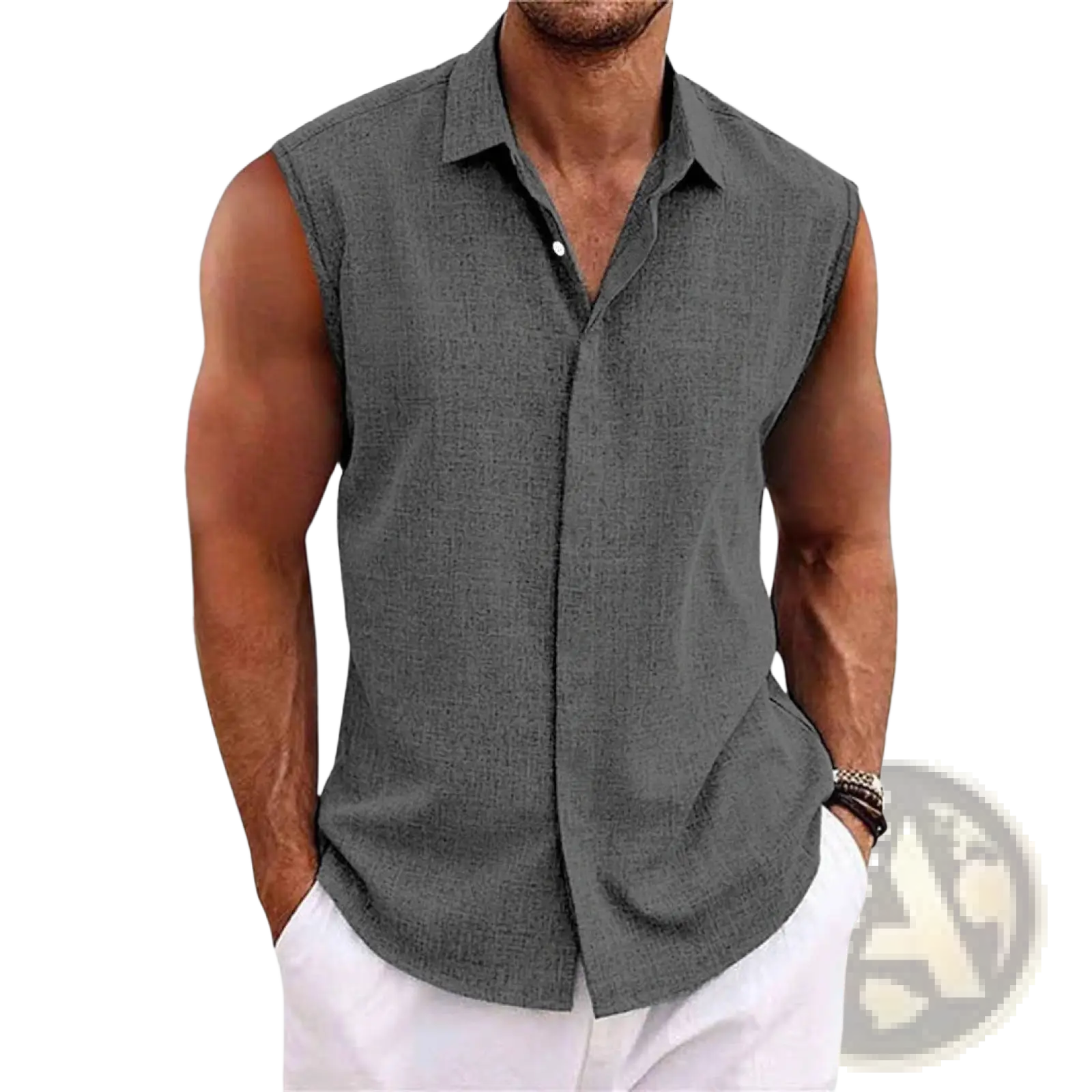 Men’s slim fit dark gray textured sleeveless linen blend beach shirt with classic collar and button-up front