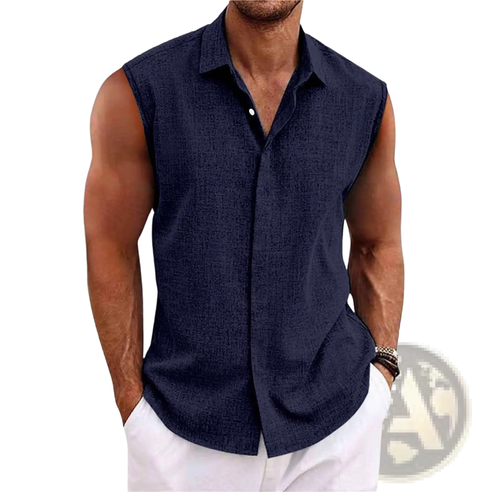 Men’s navy blue slim fit sleeveless button-up shirt with textured weave linen blend for beachwear