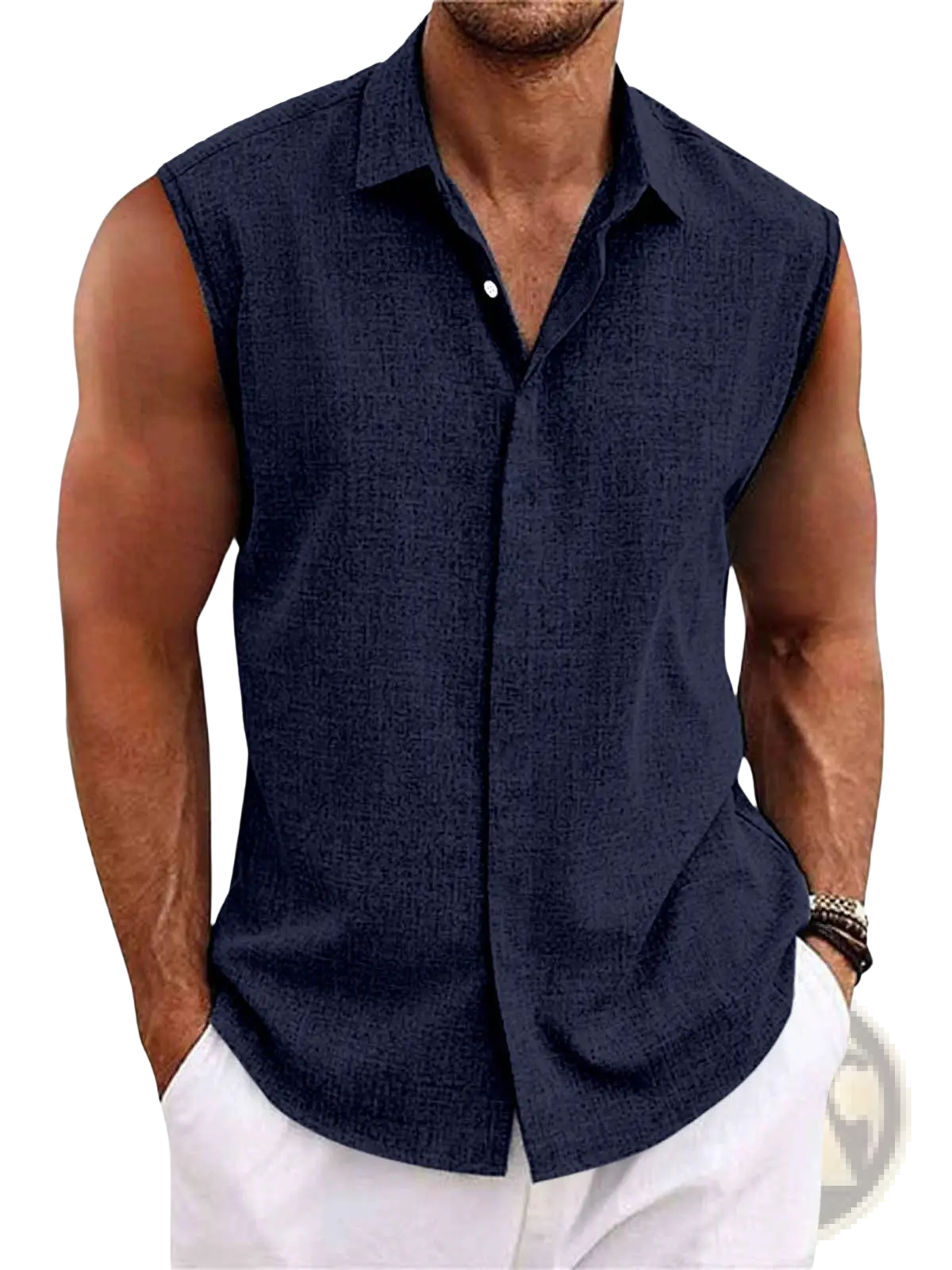 Men’s navy blue slim fit sleeveless button-up shirt with textured linen blend fabric and classic collar for beachwear