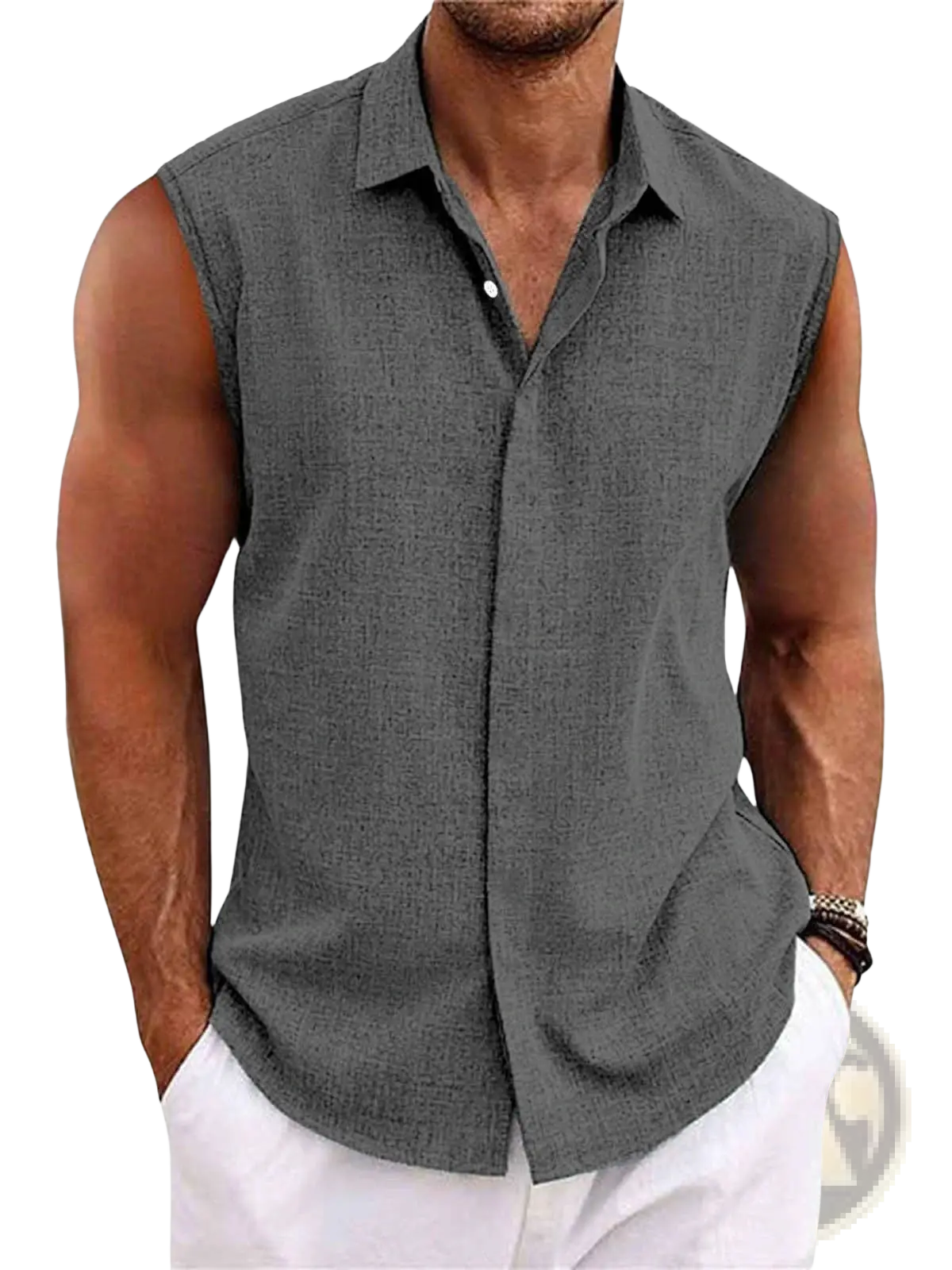 Men’s slim fit gray sleeveless button-up shirt with textured linen blend fabric and classic collar for beachwear
